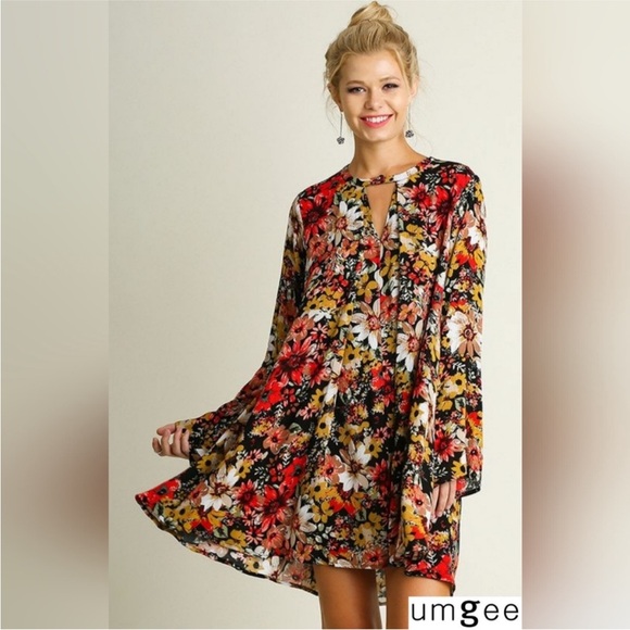 Umgee Floral Long Sleeve Dress - Red, Yellow, and Black - Picture 2 of 10